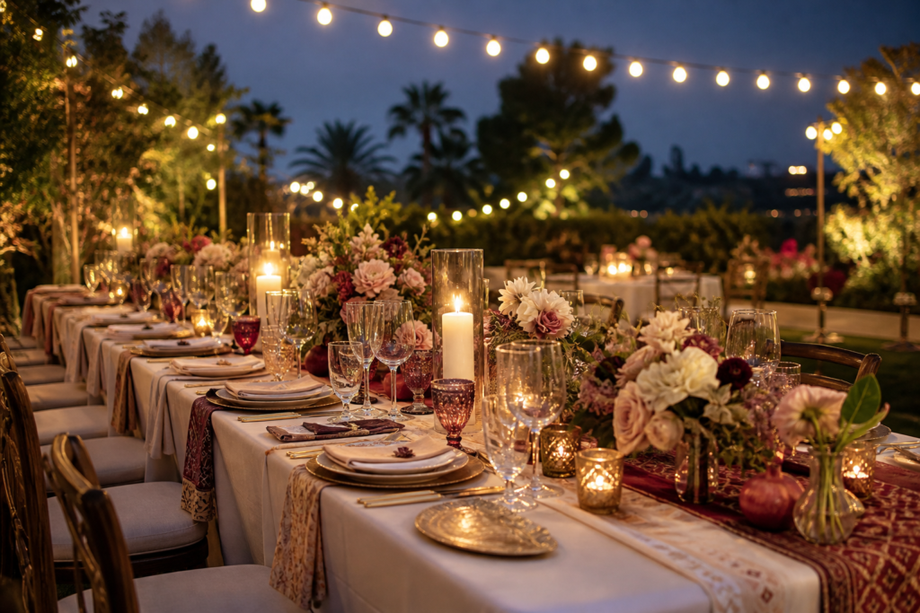 Elegant multicultural outdoor wedding reception table under warm string lights