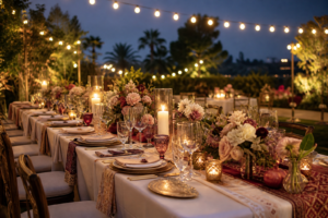 Elegant multicultural outdoor wedding reception table under warm string lights