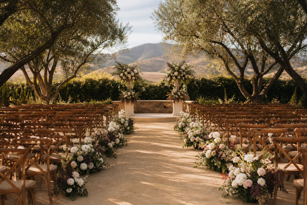 Elegant outdoor wedding ceremony beneath olive trees in Southern California