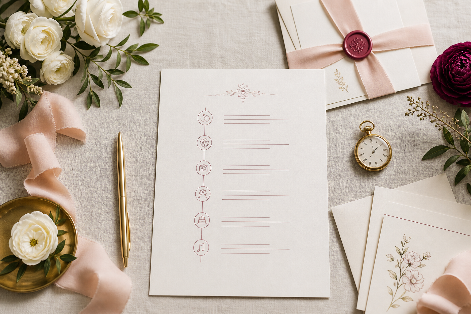 Elegant wedding-day timeline stationery with flowers, ribbon, gold pen, and watch